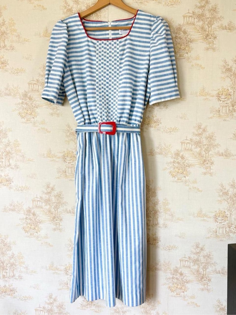 Vintage 80s Leslie Fay Blue White Striped Nautical Retro Belted Midi Dress